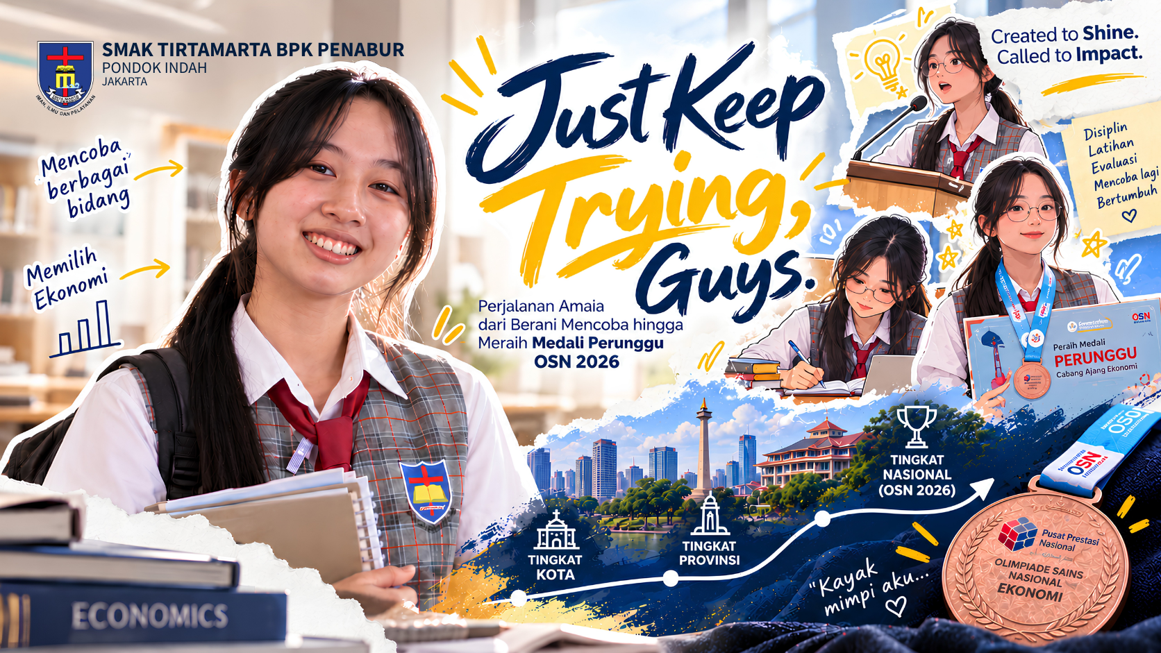 Beranda 29 Toddler TK SD SMP SMA SEKOLAH KRISTEN TIRTAMARTA BPK PENABUR JAKARTA DEPOK Setiap Anak Dilihat. Setiap Potensi Ditumbuhkan. Dari TK hingga SMA, setiap anak diterima sejak awal, bertumbuh dalam rasa ingin tahu, menemukan arah di masa remaja, lalu dipersiapkan untuk memimpin dan berdampak. 2027 2028 2026 Prestasi OSN 2026 diraih Amaia dari SMAK TIRTAMARTA–BPK PENABUR. Simak perjalanannya dari seleksi hingga meraih Medali Perunggu Ekonomi.